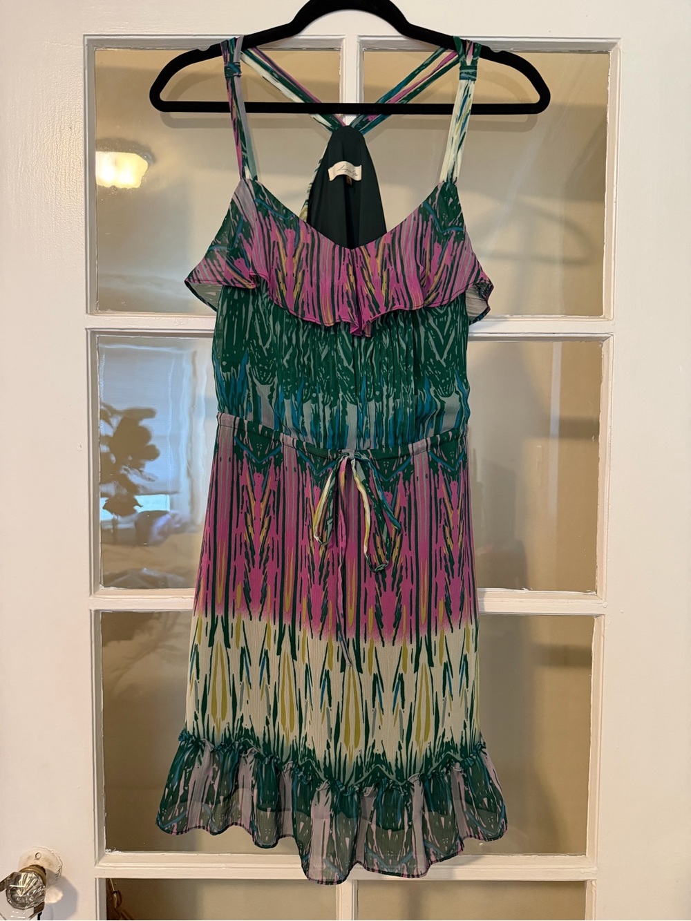 Sugarlips Green, Pink & Cream Ikat-Style Ruffle Midi Dress